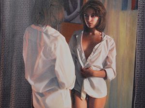 lady with mirror paintings oil on canvas size 20×20 inch