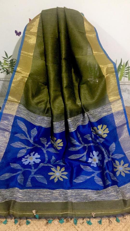 Pure handloom silk linen sarees with weaving pallu